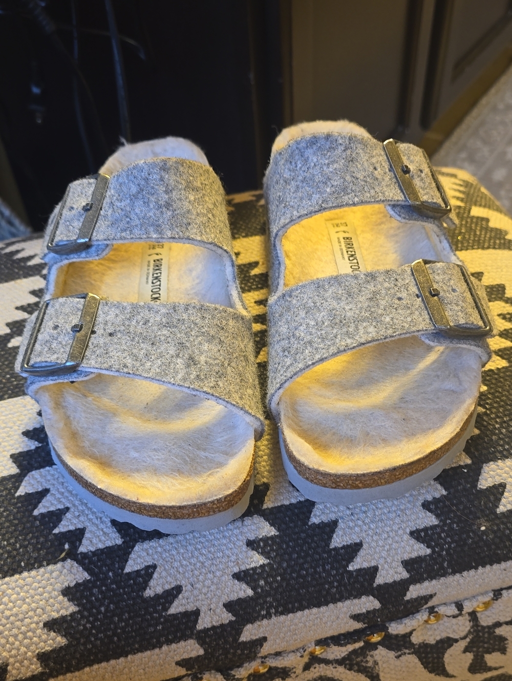 Birkenstock Woman 6.5 Two-Strap Wool Slide Sandals - Gray